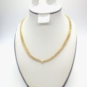 Gold-Tone Link Chain Necklace with Gold-Tone Crystal Heart Pendant Medium Weight